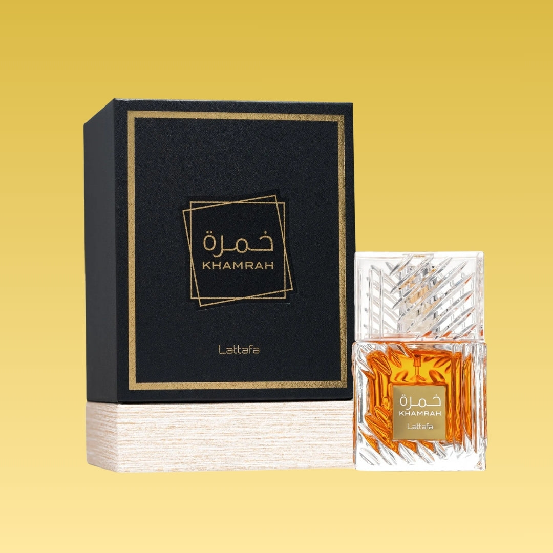 Khamrah by Lattafa 100ml EDP black gold box packaging and crystal amber bottle – buy in Kenya, Nairobi, Mombasa, Kisumu | Parfum Zone Kenya