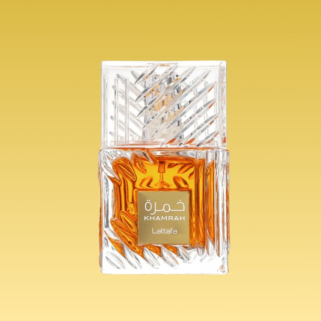 Khamrah Lattafa 100ml EDP crystal clear bottle with amber liquid – warm spicy vanilla fragrance available in Nairobi, Kisumu, Lamu, Malindi | Parfum Zone Kenya