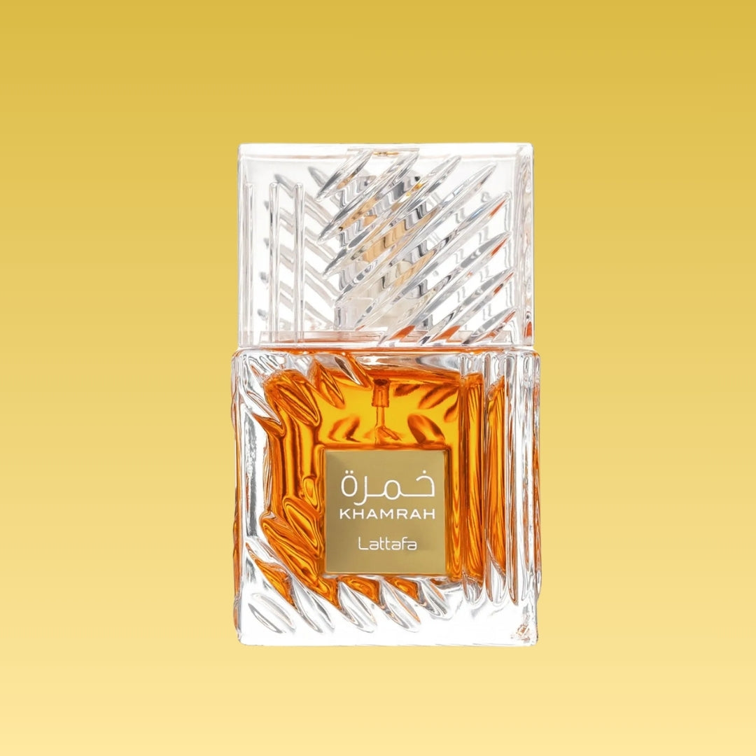 Khamrah Lattafa 100ml EDP crystal clear bottle with amber liquid – warm spicy vanilla fragrance available in Nairobi, Kisumu, Lamu, Malindi | Parfum Zone Kenya