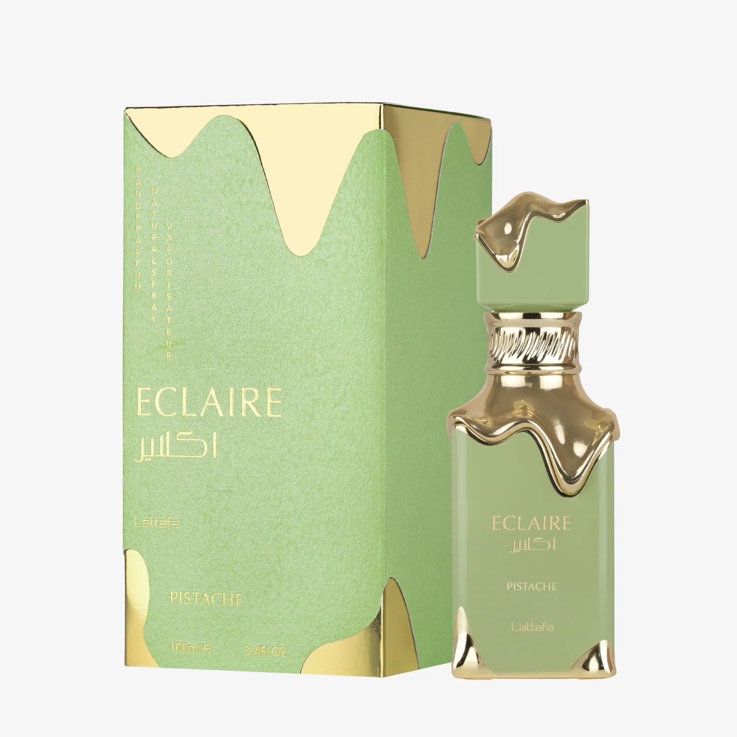 Eclaire Pistche perfume bottle and packaging with gold accents on a white background