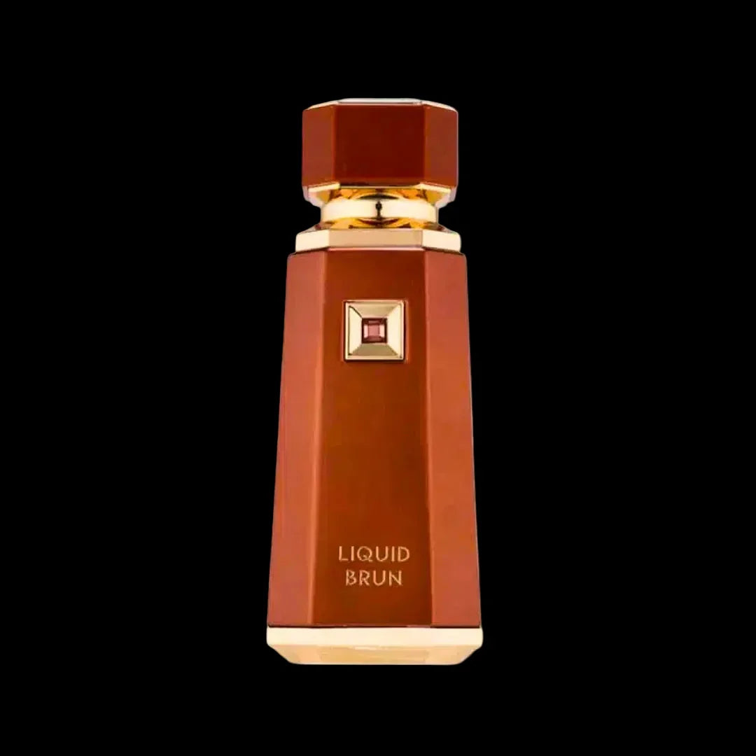 Elegant brown and gold perfume bottle labeled Liquid Brun, luxury fragrance on black background