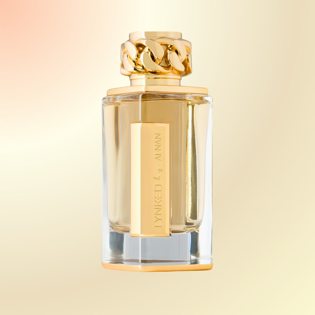 Gold Lynked Forever perfume bottle front side facing on gradient background