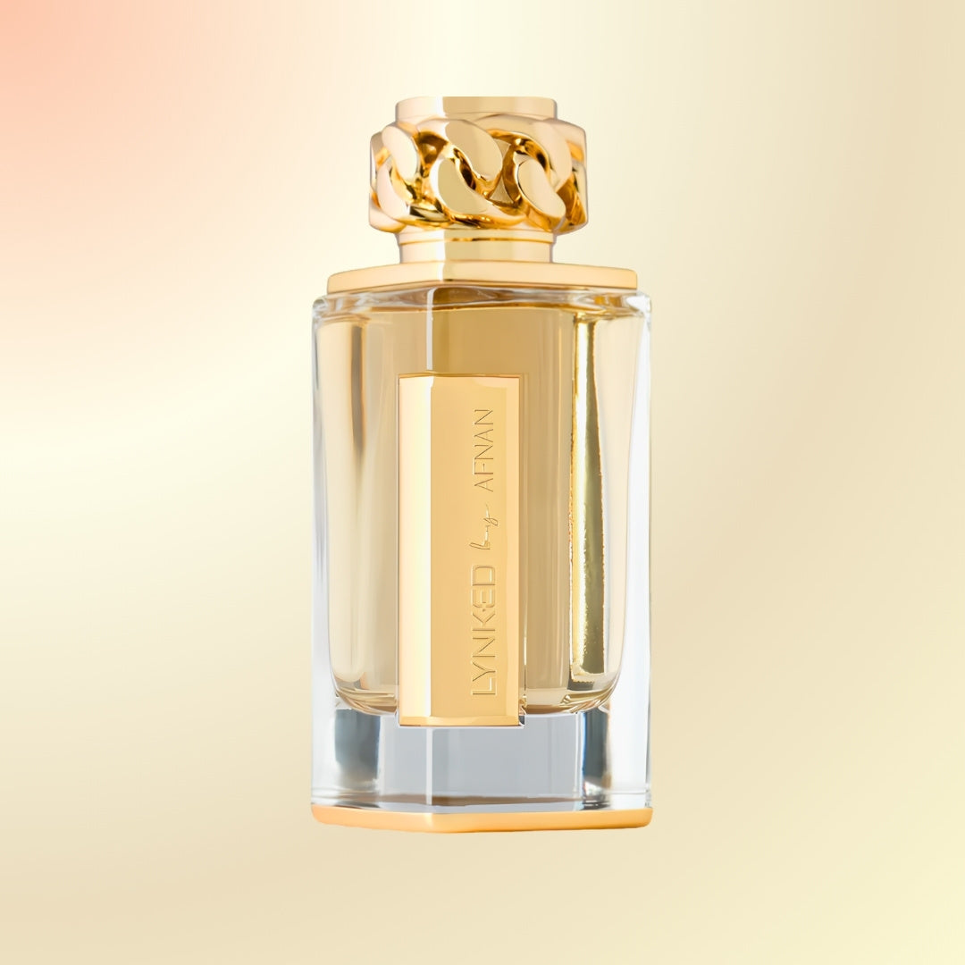 Gold Lynked Forever perfume bottle front side facing on gradient background