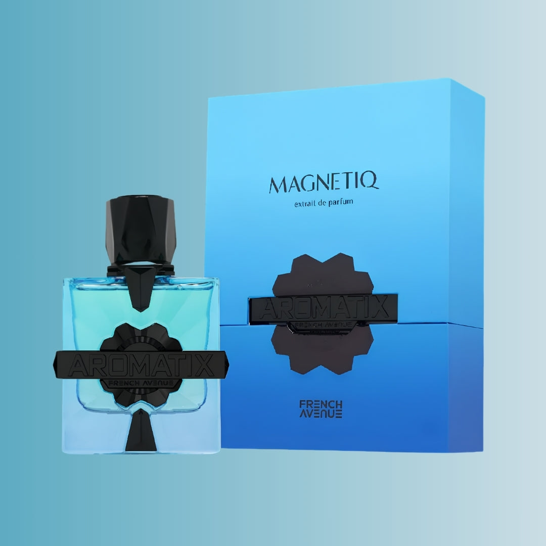 Blue perfume bottle and packaging with 'AROMATIX MAGNETIQ' branding on a light blue background