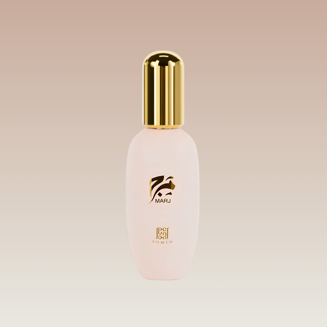 Marj body gel by Ahmed Almaghribi bottle with gold cap on a beige background