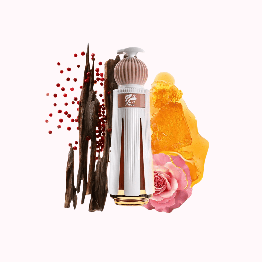 Marj perfume bottle with vanilla bean, rose, and orange peel graphics on a white background