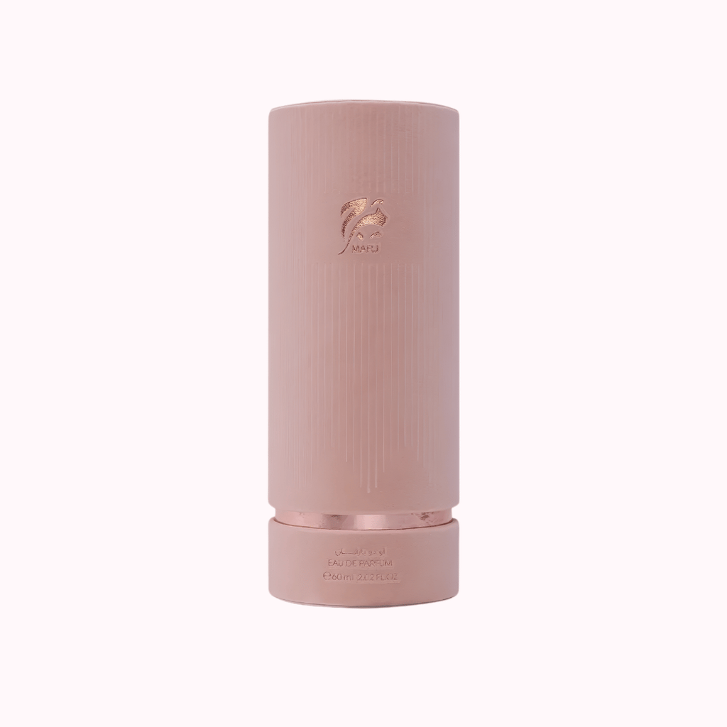 Pink cylindrical ackaging for marj perfume with a brand on a white background