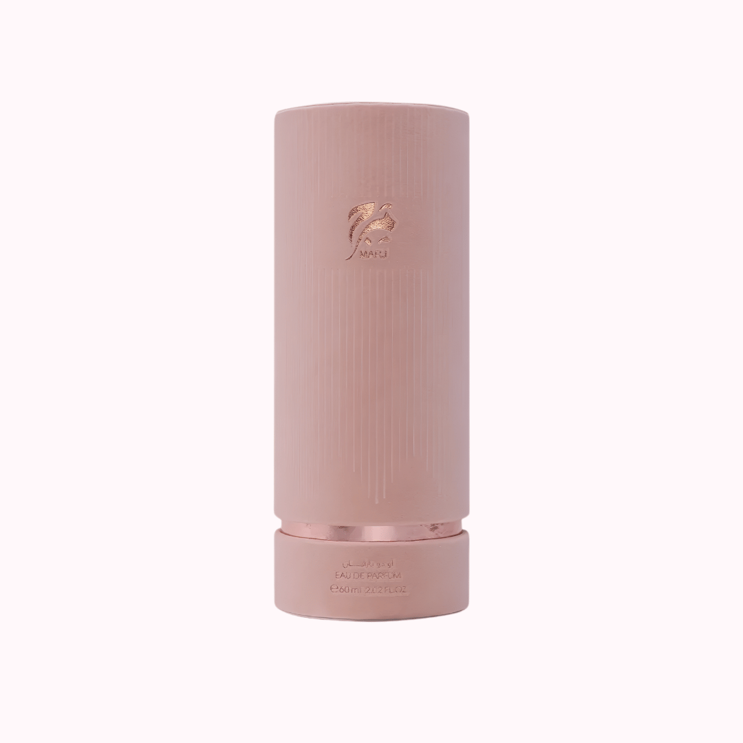 Pink cylindrical ackaging for marj perfume with a brand on a white background