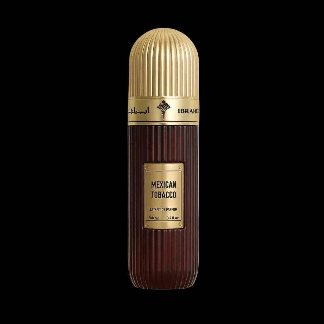 Mexican Tobacco perfume bottle 100ml with gold cap and brown ribbed glass on black background