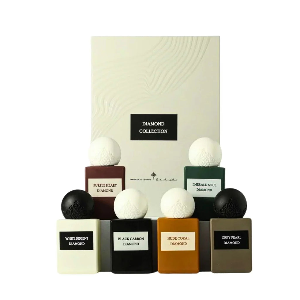 Mini Diamond Collection gift set with six assorted luxury perfume bottles in front of a cream box.