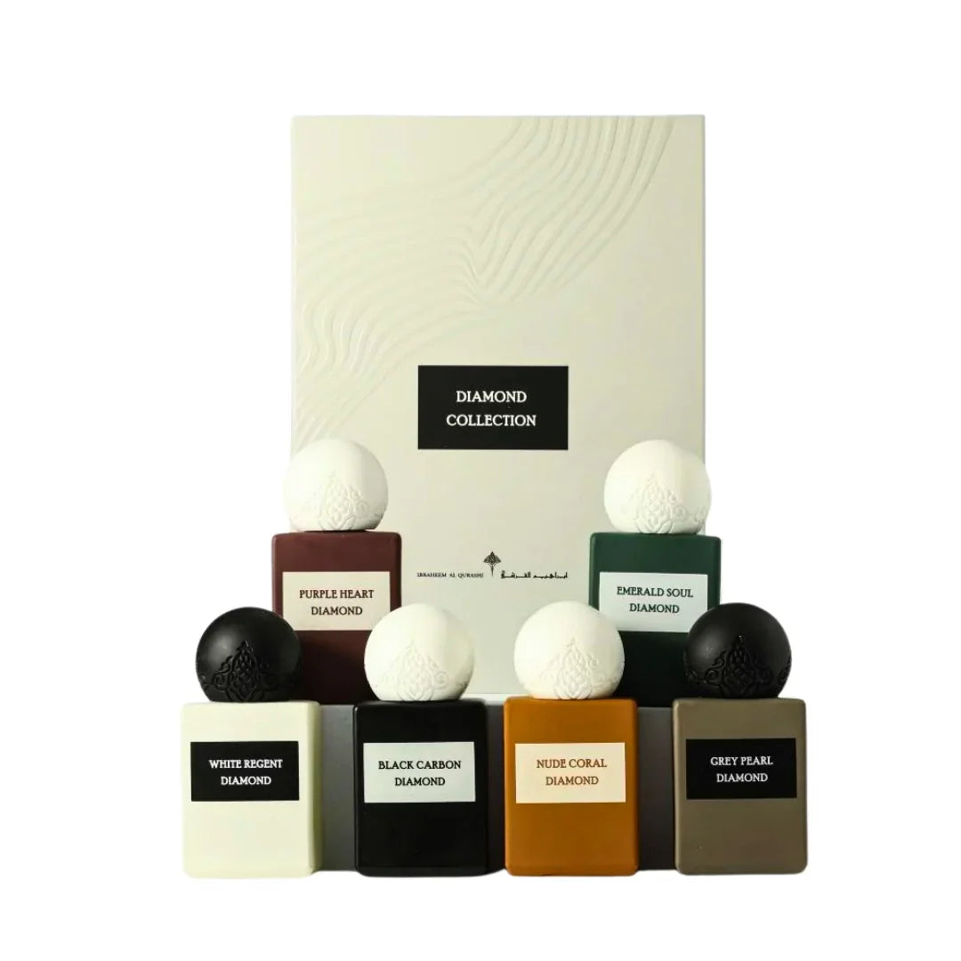Mini Diamond Collection gift set with six assorted luxury perfume bottles in front of a cream box.