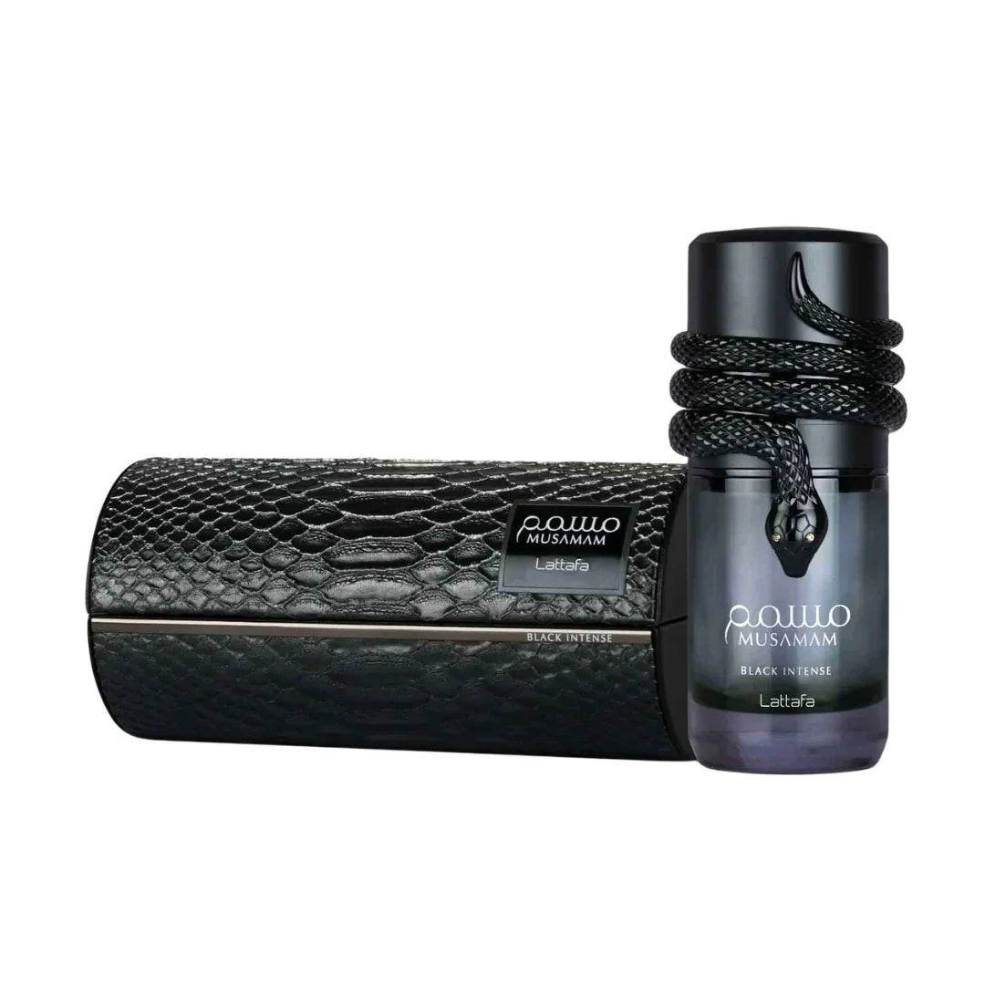 Musammam Black Intense perfume by Lattafa bottle and packaging front side image