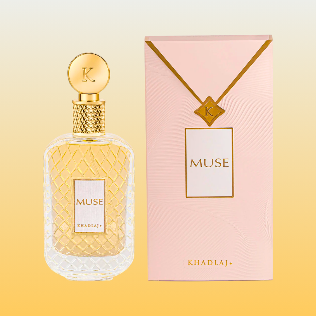 Muse Eau de Parfum bottle by Khadlaj Perfumes set against key fragrance notes—orange blossom, bergamot, almond, orris, jasmine, and vanilla bean—available for sale online at Parfum Zone KE in Kenya
