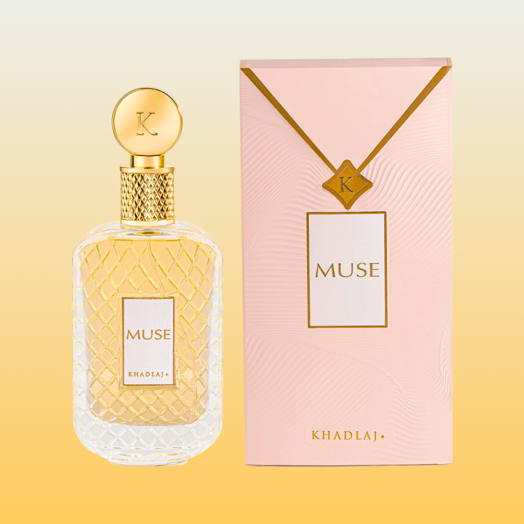 Muse Eau de Parfum bottle by Khadlaj Perfumes set against key fragrance notes—orange blossom, bergamot, almond, orris, jasmine, and vanilla bean—available for sale online at Parfum Zone KE in Kenya
