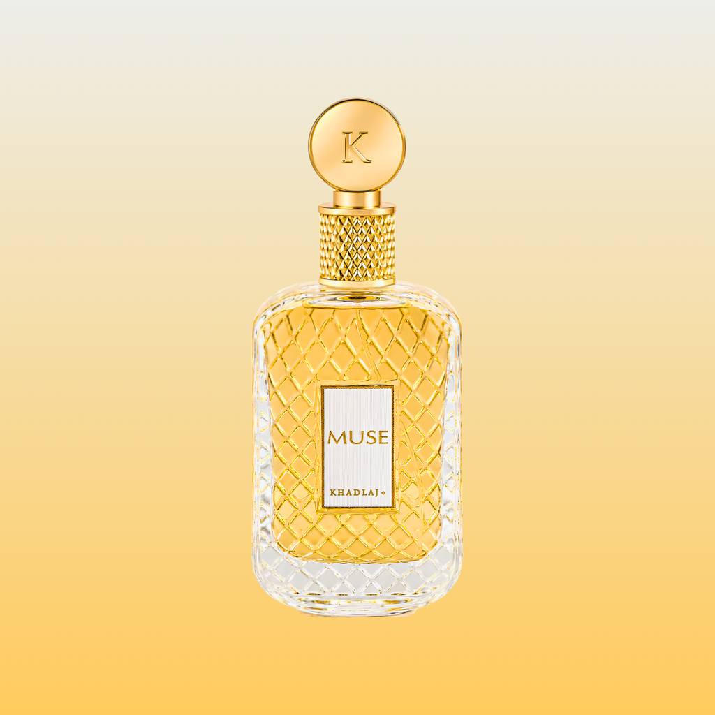 Muse Eau de Parfum bottle by Khadlaj Perfumes set against key fragrance notes—orange blossom, bergamot, almond, orris, jasmine, and vanilla bean—available for sale online at Parfum Zone KE in Kenya.