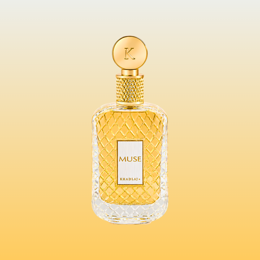 Muse Eau de Parfum bottle by Khadlaj Perfumes set against key fragrance notes—orange blossom, bergamot, almond, orris, jasmine, and vanilla bean—available for sale online at Parfum Zone KE in Kenya.