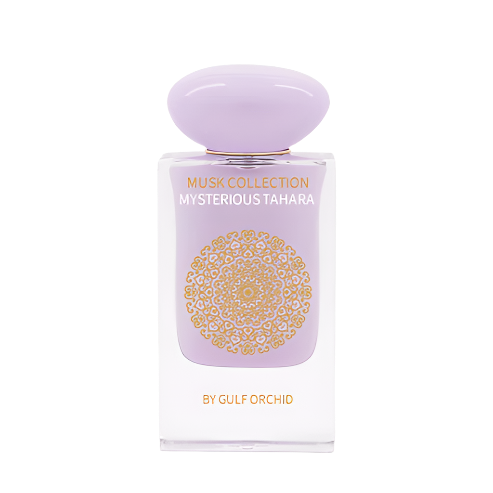 Mysterious Musk perfume by Gulf Orchid – elegant lavender glass bottle with gold mandala design, set against a soft gradient background, representing a clean white musk fragrance ideal for gifting and everyday elegance in Kenya