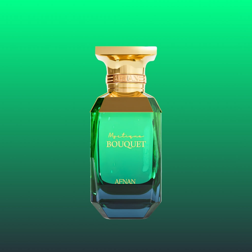 Afnan's Mystique Bouquet perfume bottle front side image on a green gradient background
