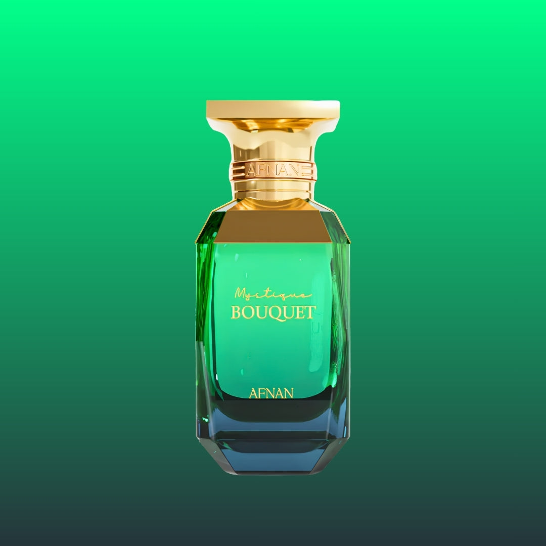Afnan's Mystique Bouquet perfume bottle front side image on a green gradient background