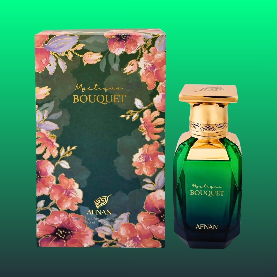 AFNAN Mestique Bouquet perfume bottle and packaging on a green background