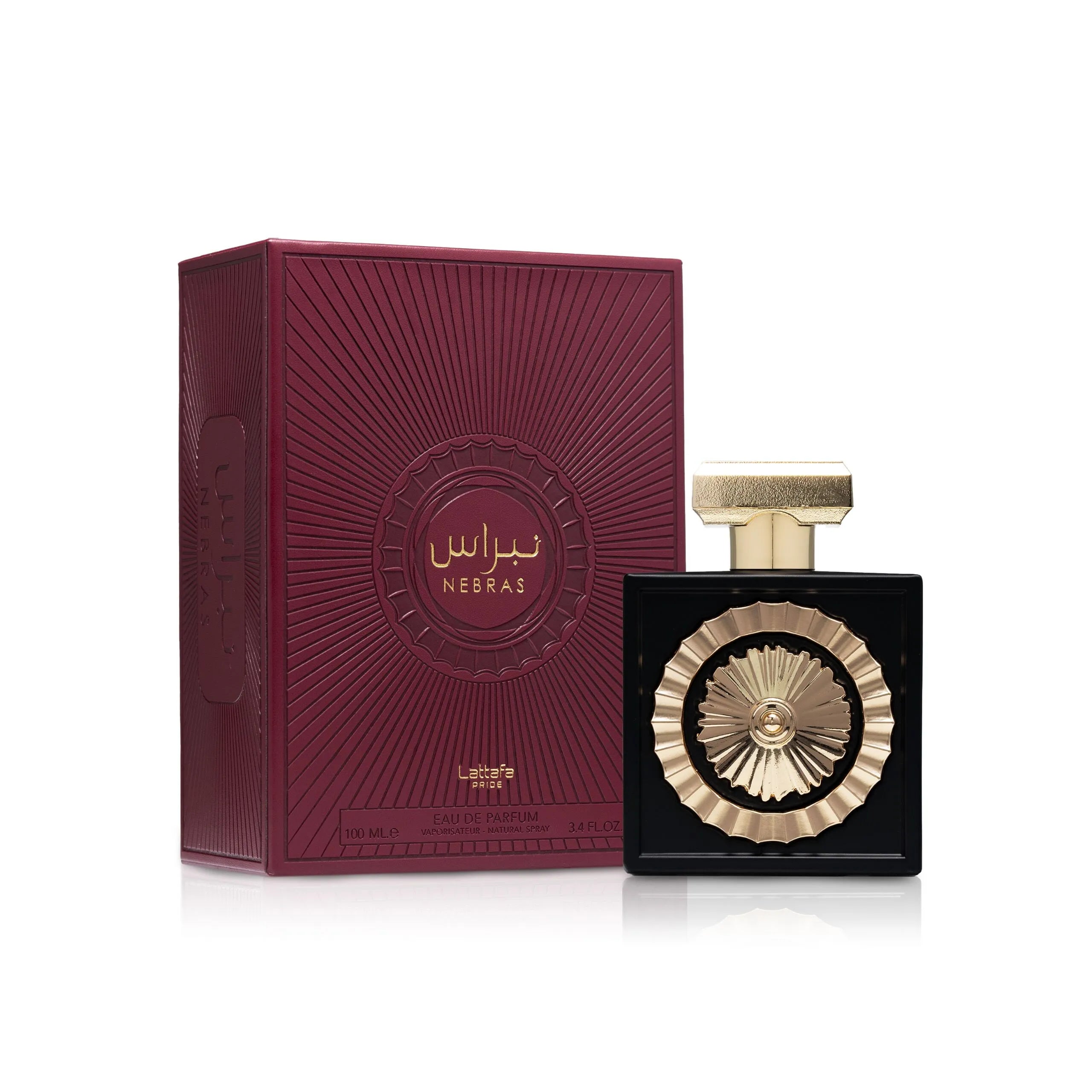 Nebras lattafa perfume packaging box and bottle front image
