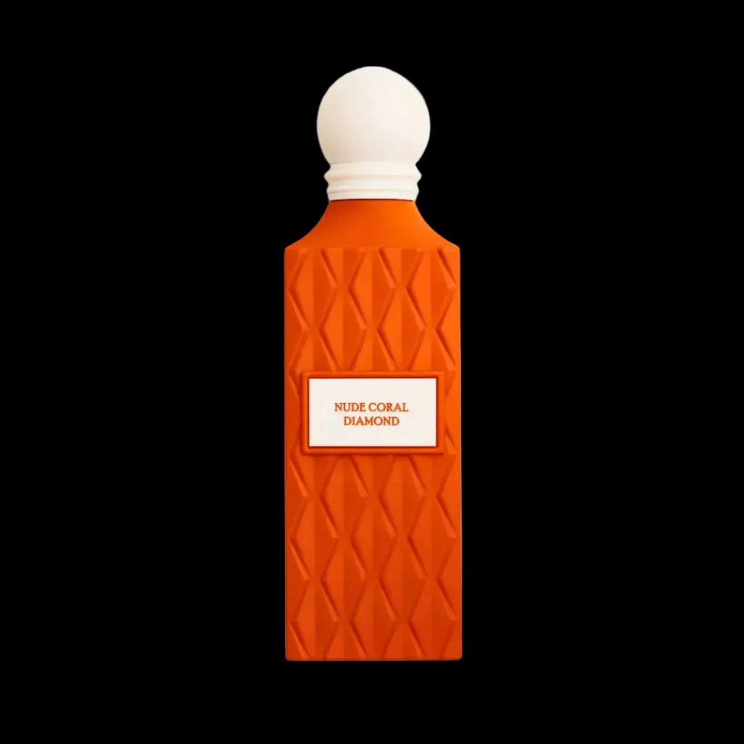 Nude Coral Diamond perfume bottle, orange geometric design, 150ml, on black background