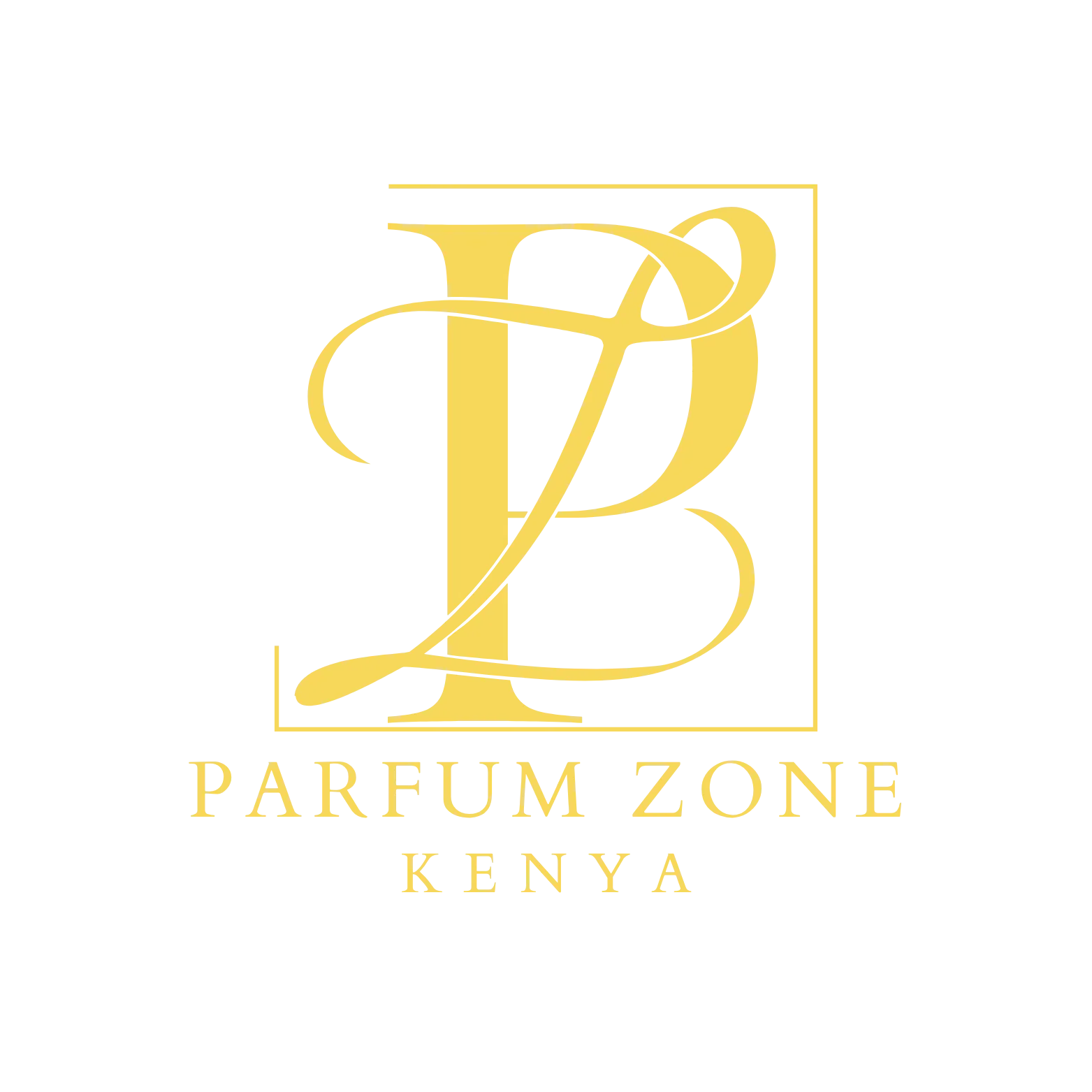 Elegant gold perfume logo with stylized initials and text 'Parfum Zone Kenya' on black background.