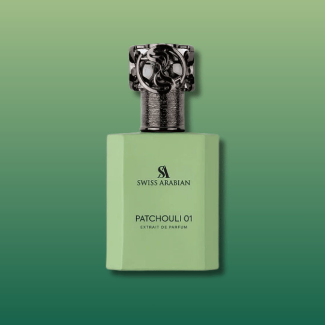 Patchouli 01 by Swiss Arabian Extrait de Parfum – Sage Green Bottle with Ornate Silver Cap | Parfum Zone Kenya