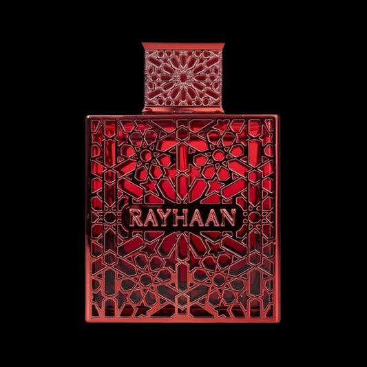 Rayhaan Crimson Eau de Parfum – a bold, unisex fragrance with spicy cinnamon, creamy sandalwood, and warm vanilla notes, captured in a sleek crimson bottle that radiates elegance and power.
