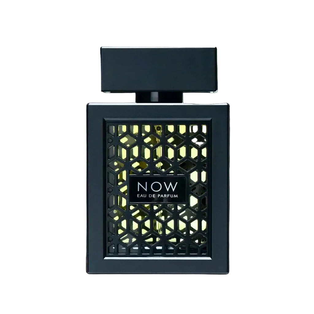 NOW Eau de Parfum bottle with black geometric design on a black background