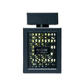 NOW Eau de Parfum bottle with black geometric design on a black background
