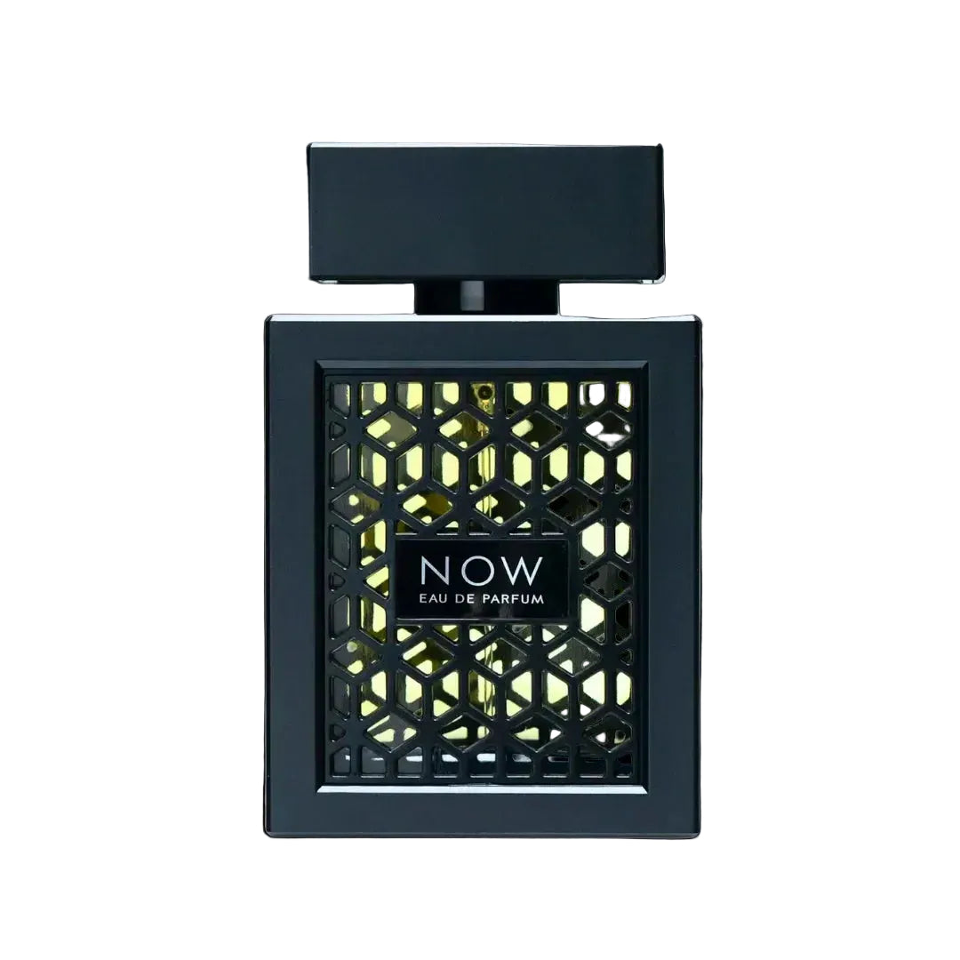 NOW Eau de Parfum bottle with black geometric design on a black background