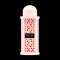 NOW Women perfume bottle with pink geometric lattice design on black background