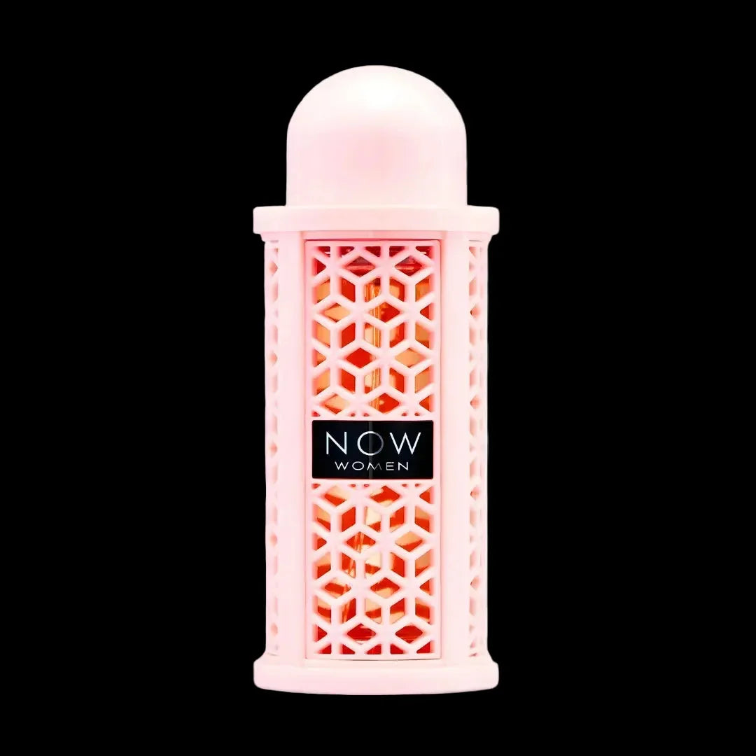 NOW Women perfume bottle with pink geometric lattice design on black background
