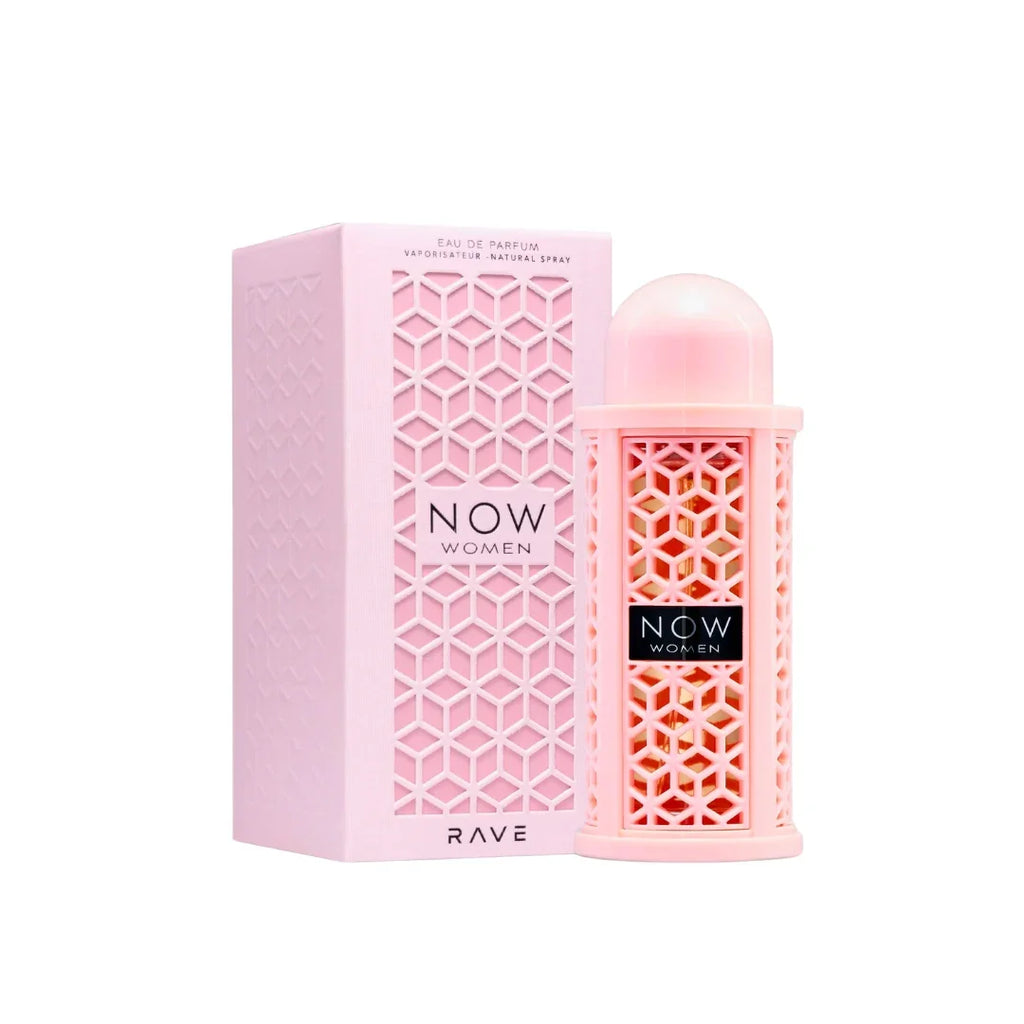 Rave Now Women perfume pink bottle and box with geometric pattern