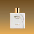 A rectangular white marble-textured perfume bottle with a metallic gold cap, labeled 'ITALIA POUR HOMME' and 'RAYHAAN', centered on a warm brown gradient background.