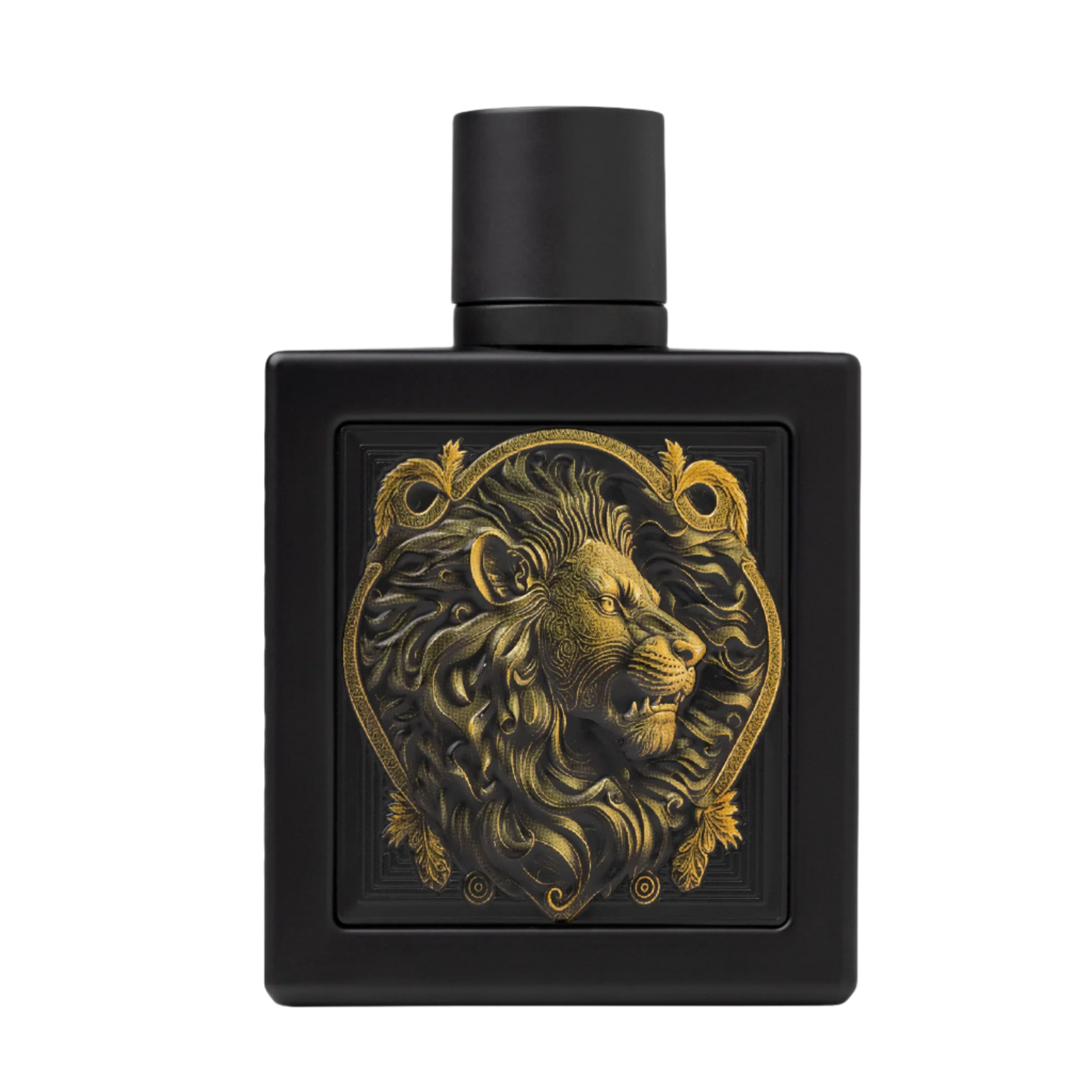 Black perfume bottle with gold lion design on a white background