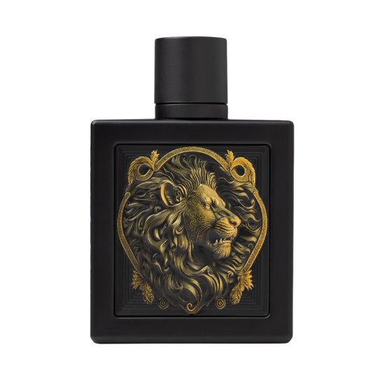 Black perfume bottle with gold lion design on a white background