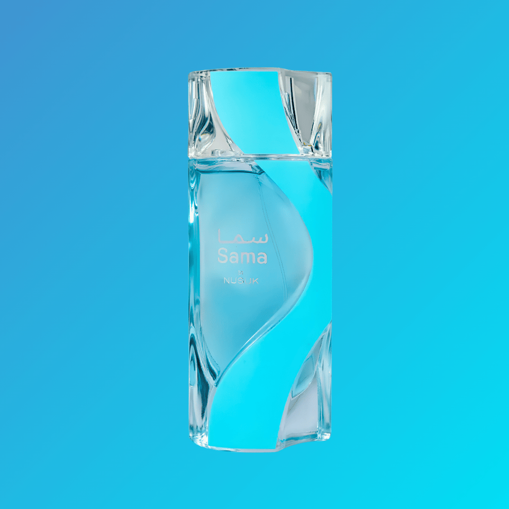 Sama by Nusuk 100ml EDP – sculptural teal blue glass bottle close-up | Parfum Zone Kenya