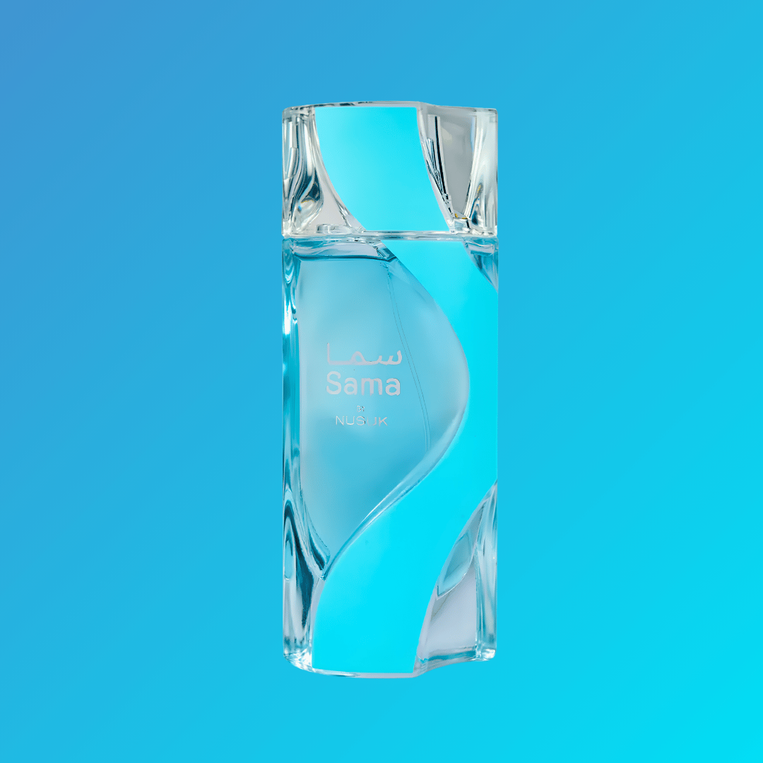 Sama by Nusuk 100ml EDP – sculptural teal blue glass bottle close-up | Parfum Zone Kenya
