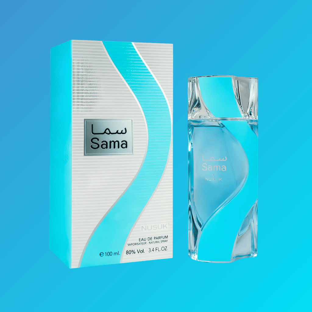 Sama Eau de Parfum by Nusuk 100ml – teal blue bottle with white and turquoise box | Parfum Zone Kenya