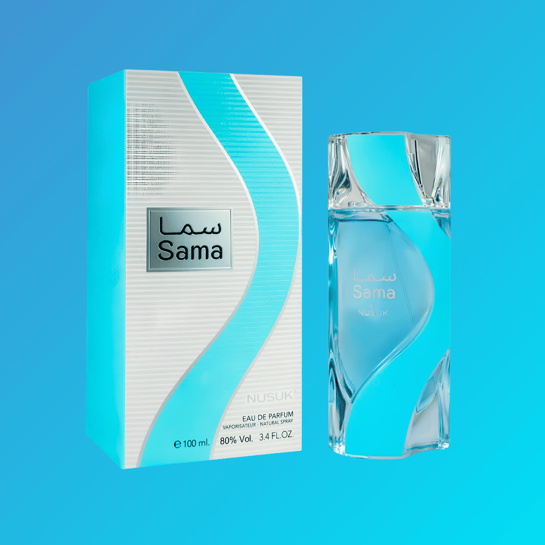 Sama Eau de Parfum by Nusuk 100ml – teal blue bottle with white and turquoise box | Parfum Zone Kenya