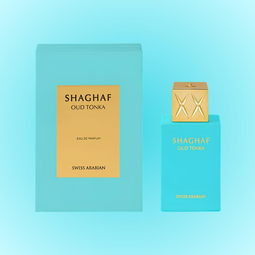 Shaghaf Oud Tonka perfume bottle and packaging on a light blue background
