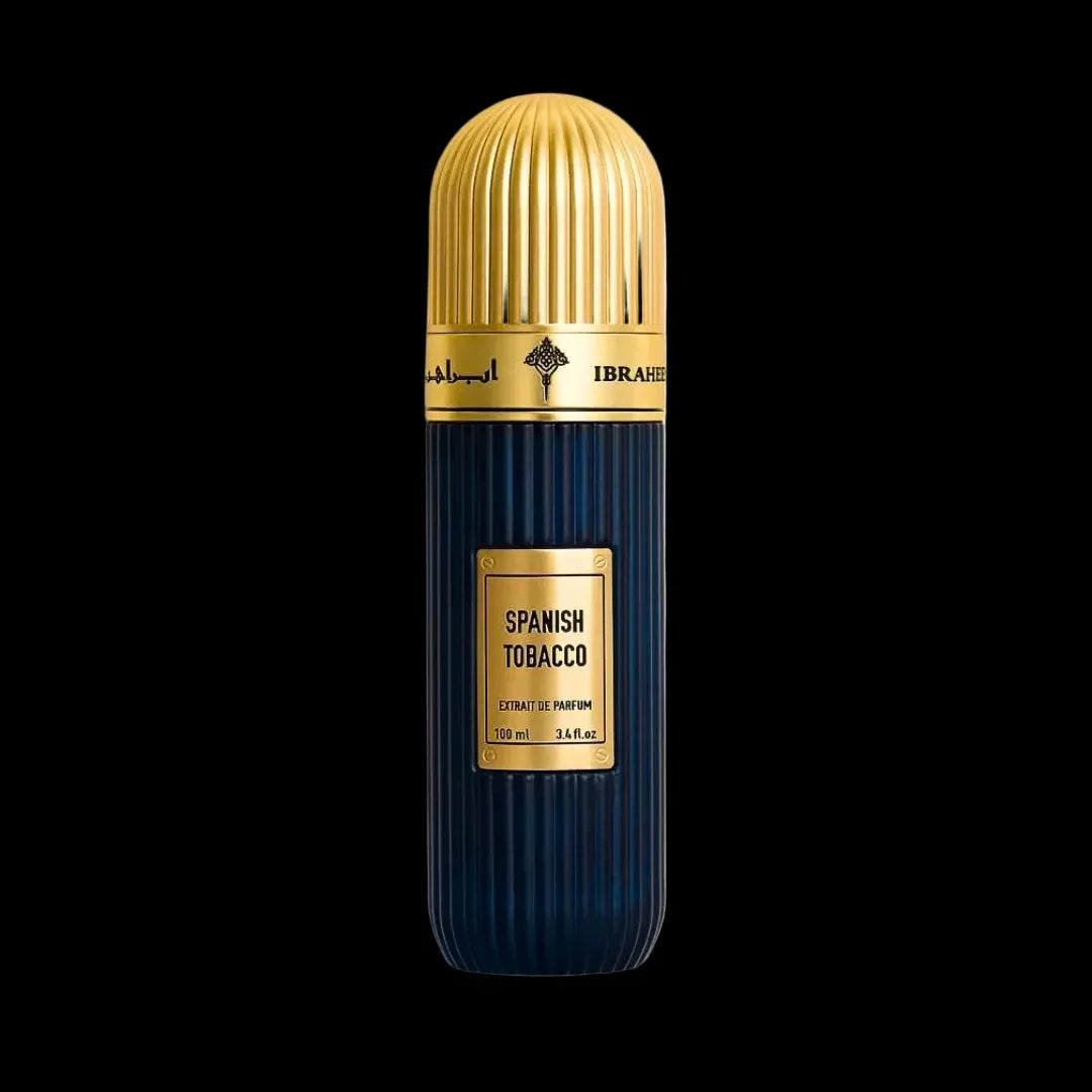 Spanish Tobacco perfume bottle 100ml with gold accents on a black background