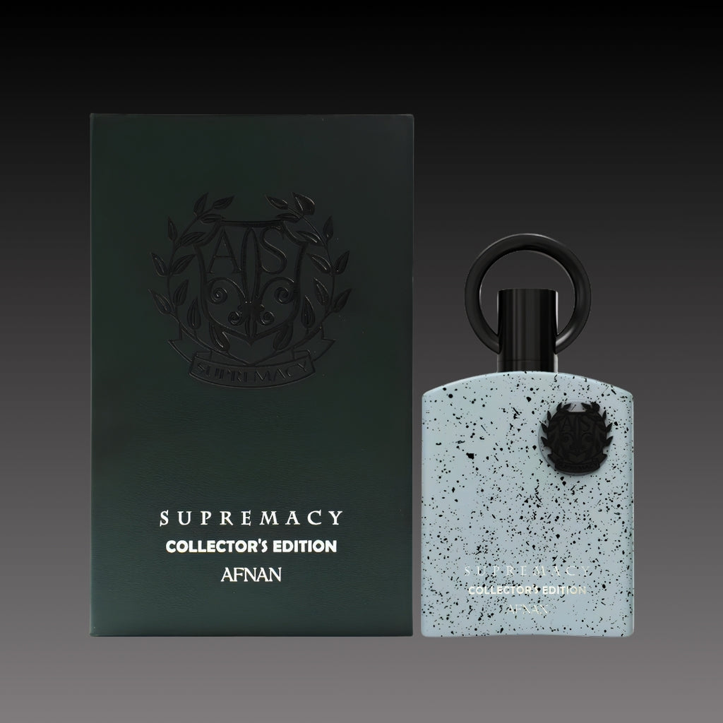 Supremacy Collector's Edition perfume bottle and packaging on a gradient background