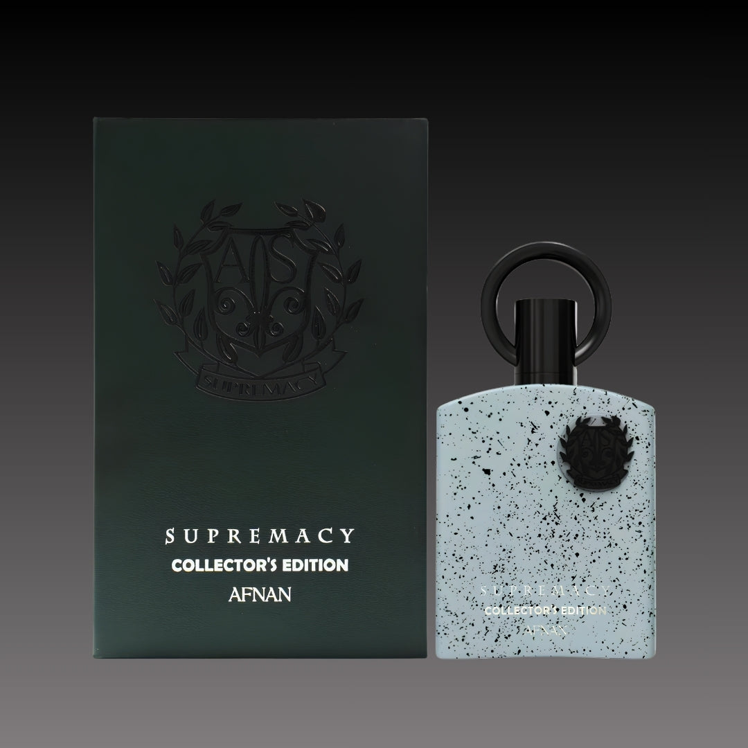 Supremacy Collector's Edition perfume bottle and packaging on a gradient background