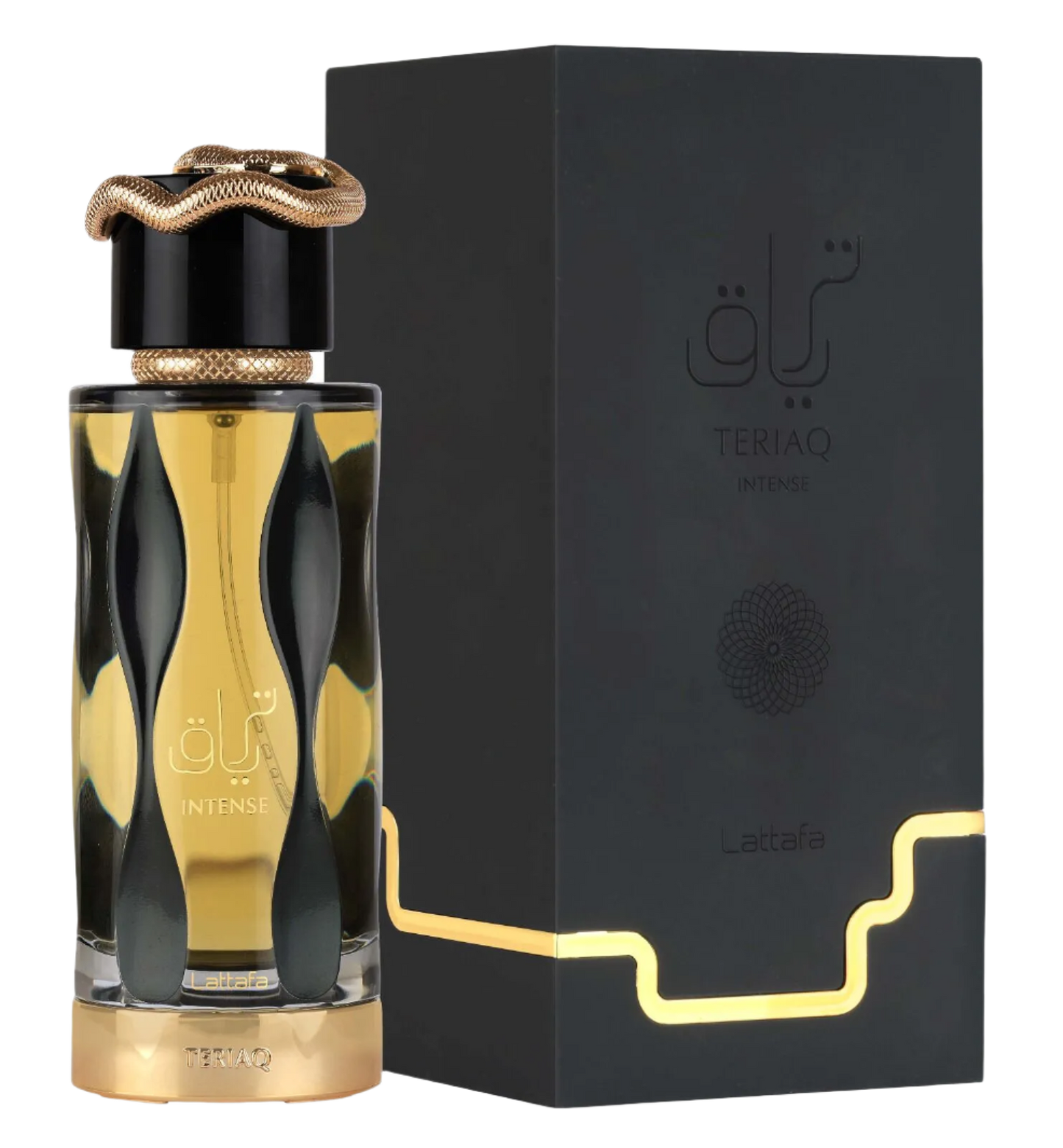 Perfume bottle and packaging with Teriaq intense Lattafa branding on a white background with its box pacakging