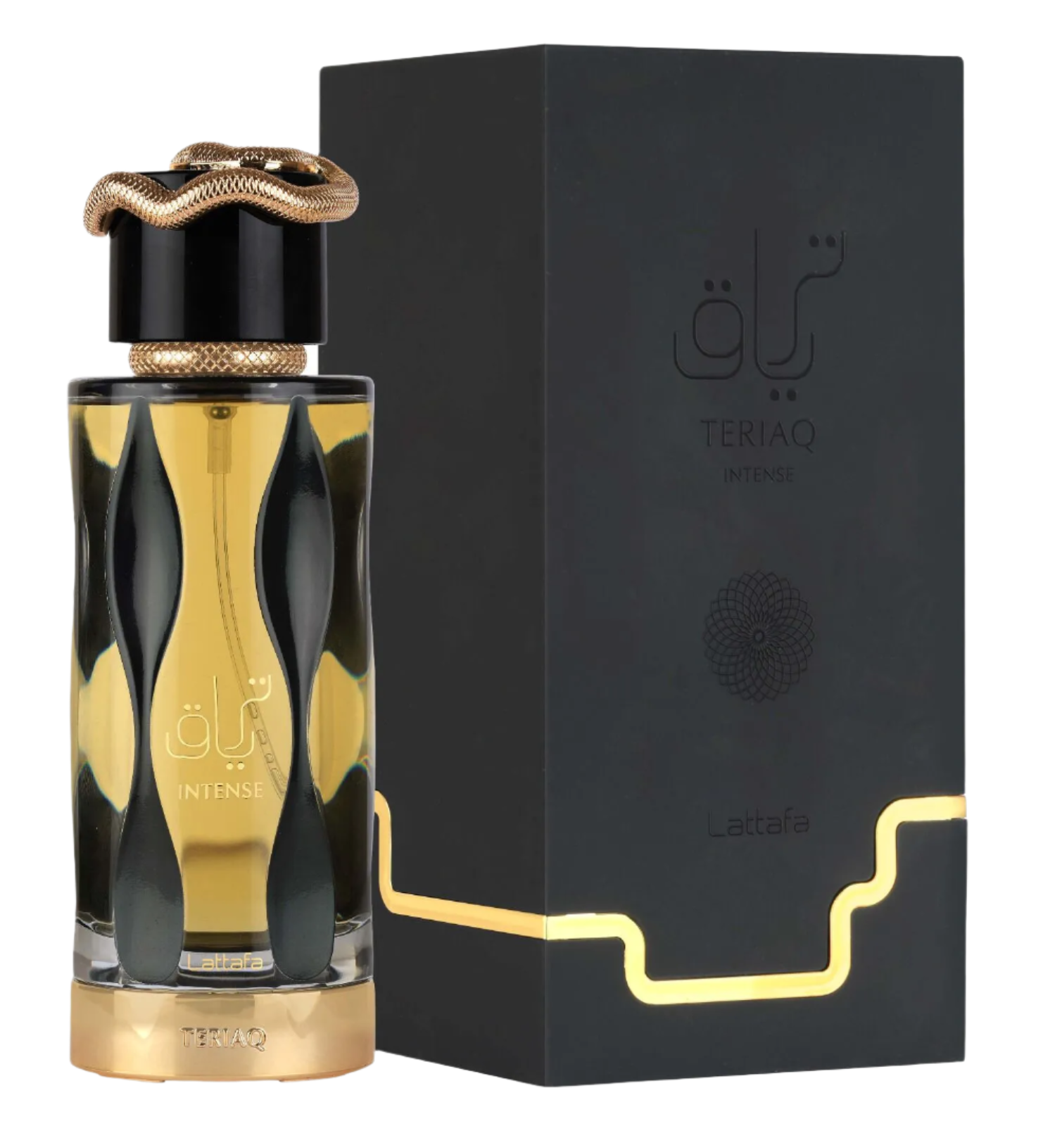 Perfume bottle and packaging with Teriaq intense Lattafa branding on a white background with its box pacakging