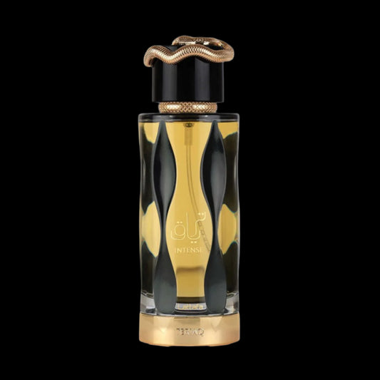 Teriaq Intense bottle in bold black and gold with snake cap now available in Kenya at Parfum Zone
