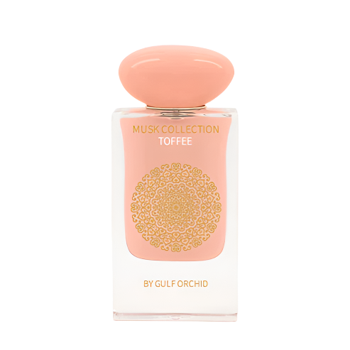 Toffee Musk perfume by Gulf Orchid – elegant bottle with warm amber tones, surrounded by caramel swirls and soft musk elements, showcasing a sweet and sophisticated fragrance available at Parfum Zone Kenya